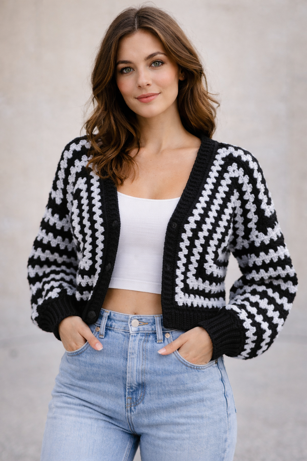 Cozy Hexagon Crochet Cardigan | Black and Glittery Silver