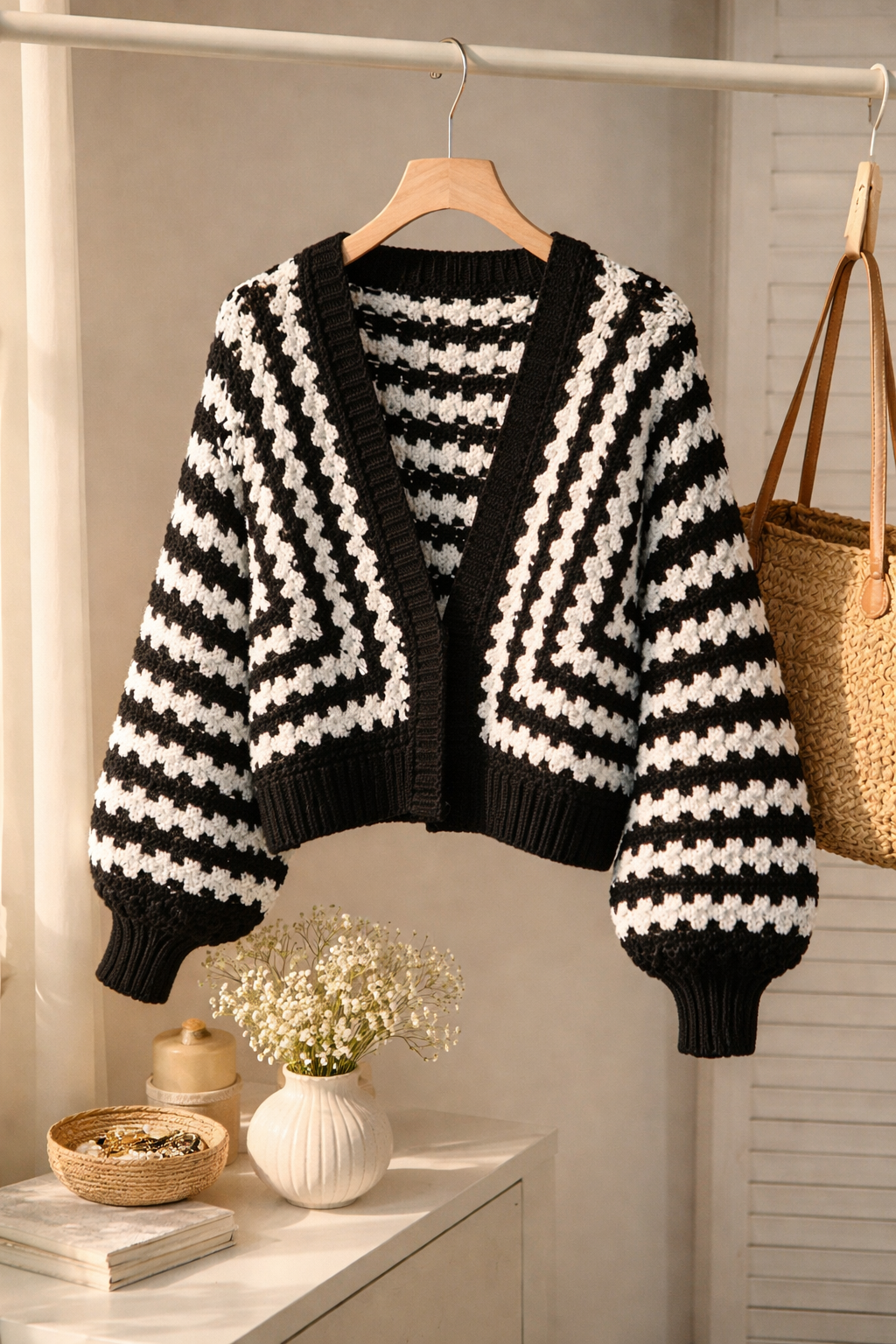 Cozy Hexagon Crochet Cardigan | Black and Glittery Silver