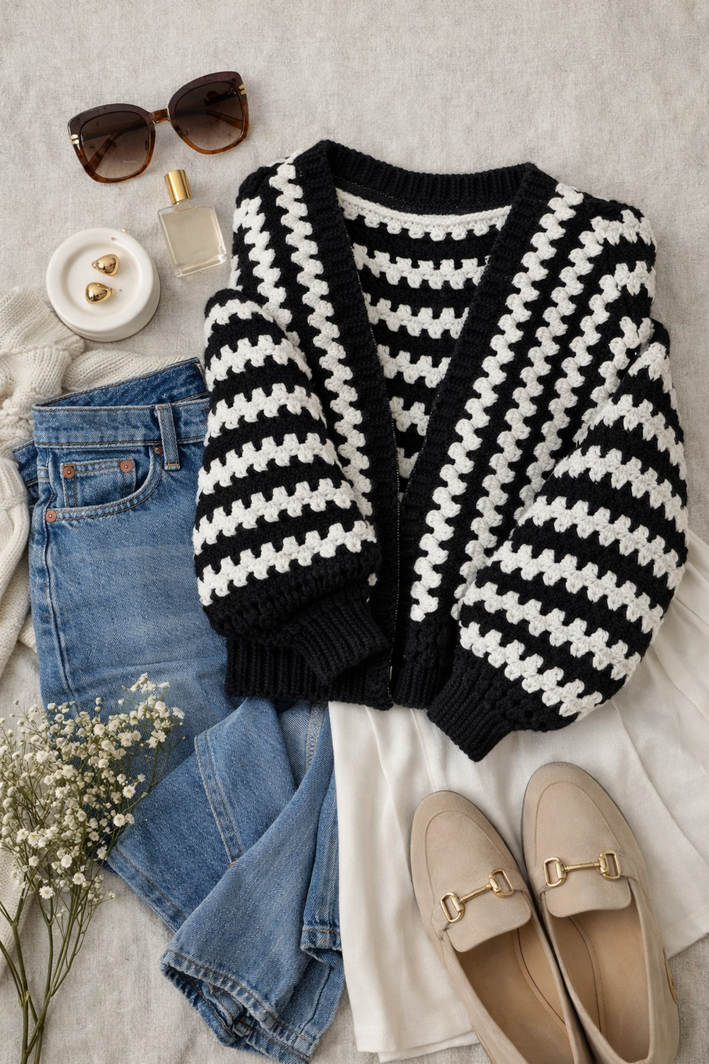 Cozy Hexagon Crochet Cardigan | Black and Glittery Silver