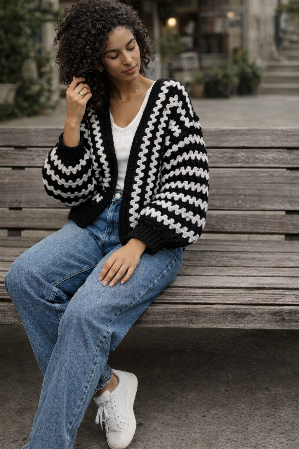 Cozy Hexagon Crochet Cardigan | Black and Glittery Silver