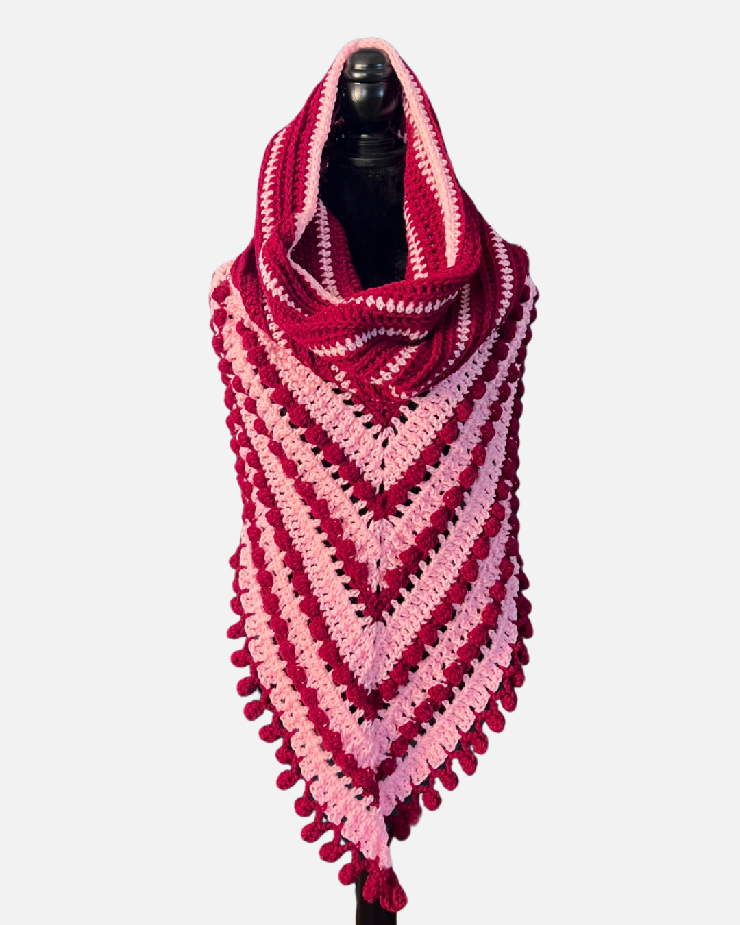 Bobble Bliss Hooded Scarf | Handmade Crochet Scarf with Hood | Valentine Striped Winter Accessory