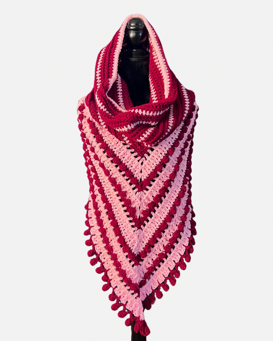 Bobble Bliss Hooded Scarf | Handmade Crochet Scarf with Hood | Valentine Striped Winter Accessory
