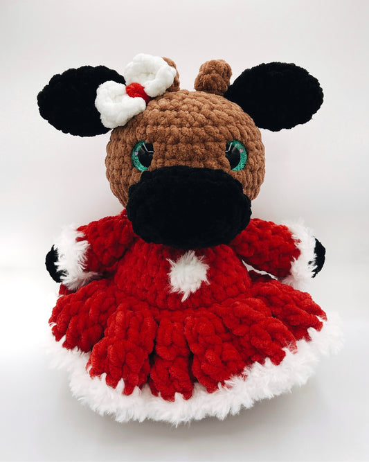 Handmade Jumbo Christmas Cow Plushie - Mrs. Claus Holiday Dress